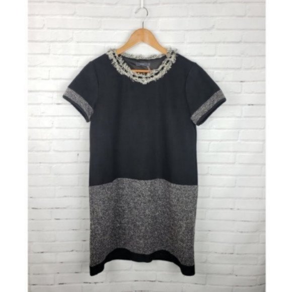 THML Dresses & Skirts - THML Black & Gray Tweed Fringe Shift Dress